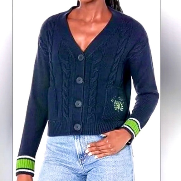 NWOT Tommy Hilfiger Navy Blue Cable Knit Cardigan with Green Accents - Picture 1 of 8